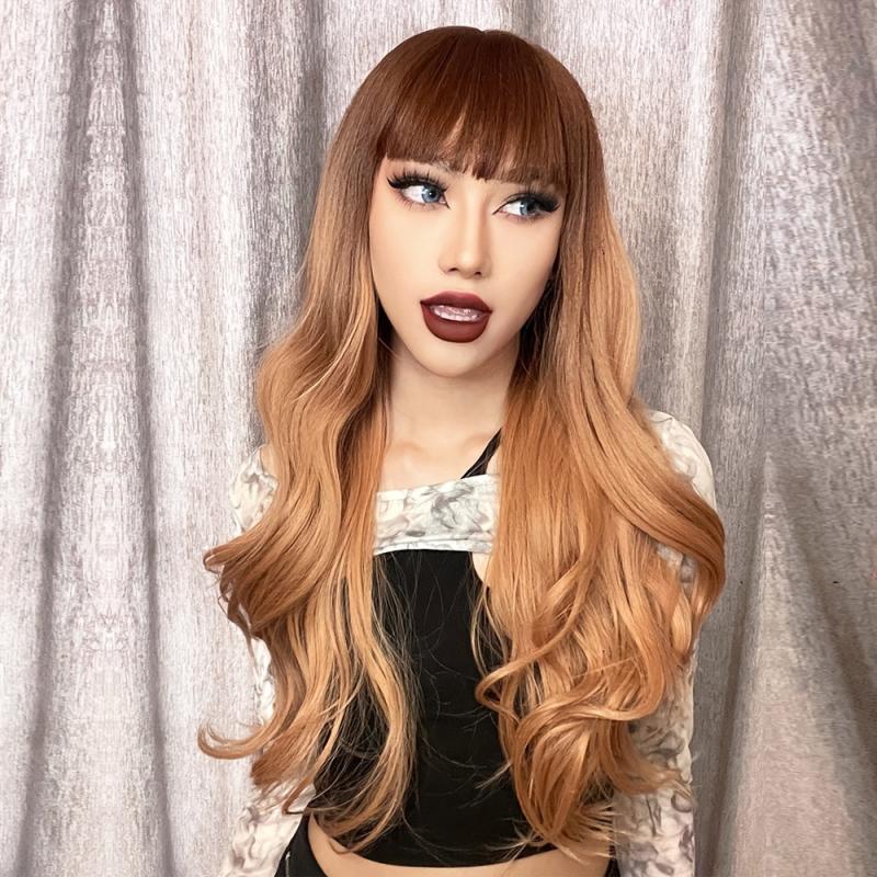 Long Wavy Curly Wig With Bangs Ombre To Pink Synthetic Wig 26 Inch
