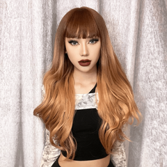 Long Wavy Curly Wig With Bangs Ombre To Pink Synthetic Wig 26 Inch