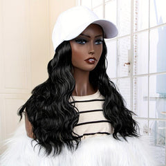 Black Medium Long Curly Hat Wig Adjustable Size Natural Look 14-18inch