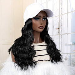 Black Medium Long Curly Hat Wig Adjustable Size Natural Look 14-18inch