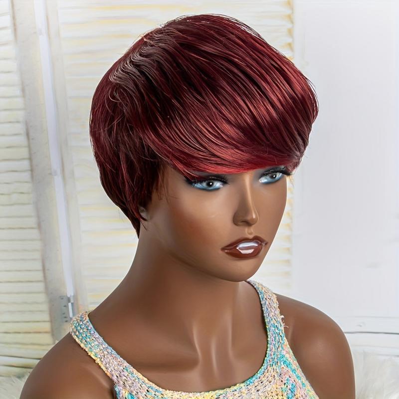 Wine Red Short Pixie Cut Wigs Short Straight Hair Wigs For Women