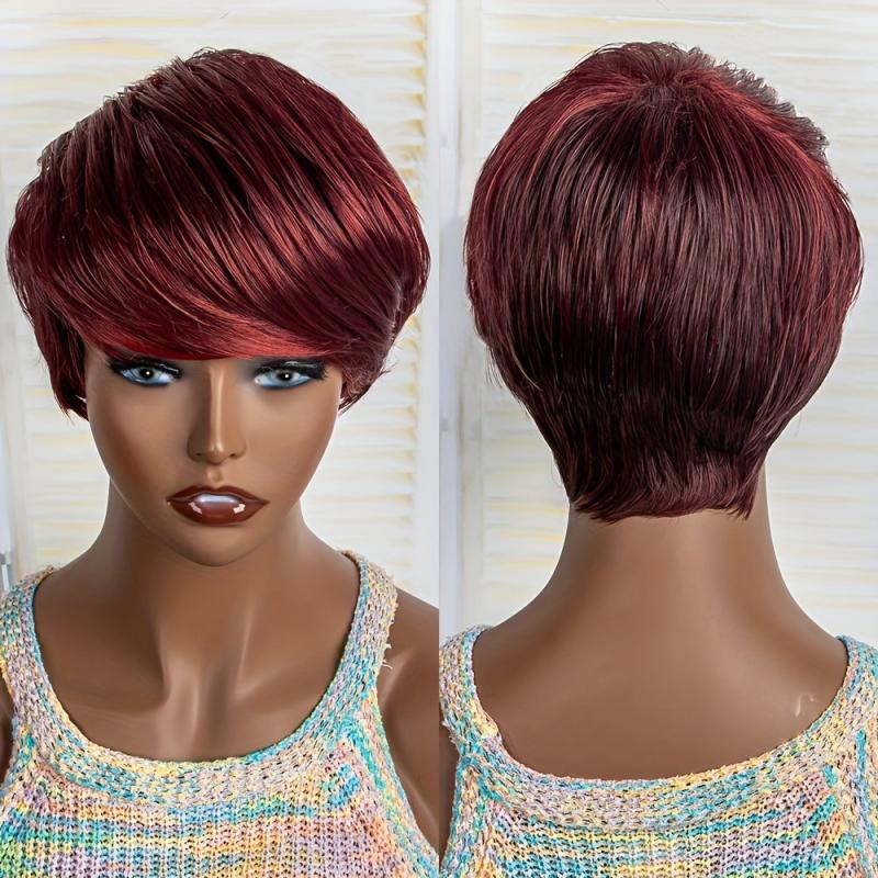 Wine Red Short Pixie Cut Wigs Short Straight Hair Wigs For Women