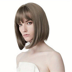 Short Bob Wig With Bangs Synthetic Hair 27.94 cm Brown with Auburn Highlights