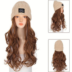 Knit Hat Wigs Long Wavy Mixed Curly Hair Extensions Wig Warm Knitted