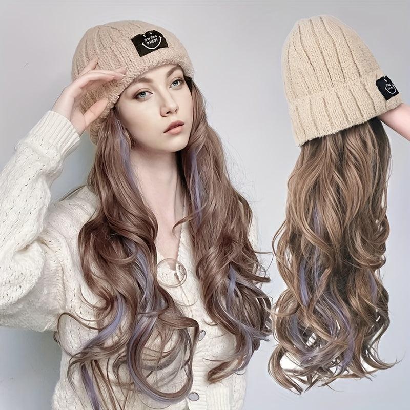 Knit Hat Wigs Long Wavy Mixed Curly Hair Extensions Wig Warm Knitted