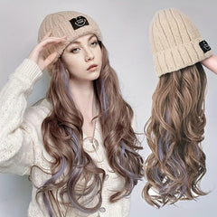 Knit Hat Wigs Long Wavy Mixed Curly Hair Extensions Wig Warm Knitted