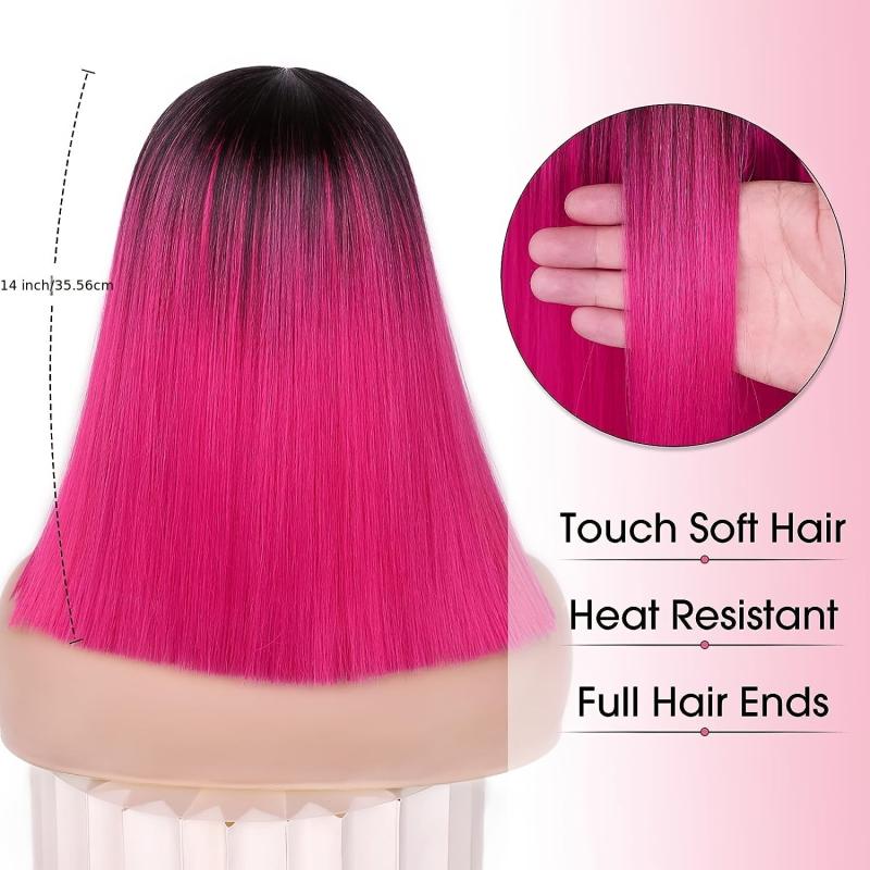 Short Straight Ombre Hot Pink Bob Wig for Women