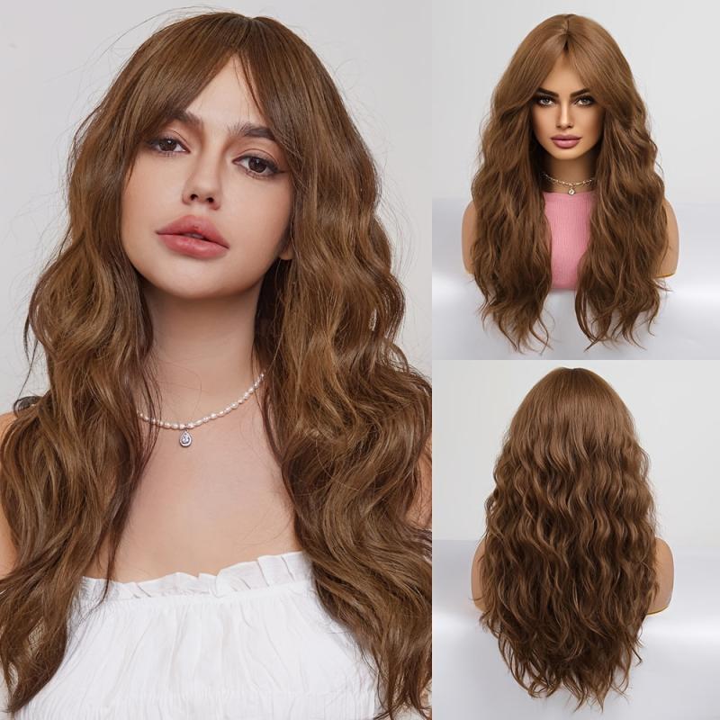 60 96 Cm Brown Long Curly Wig Middle Part Loose Wavy Hair Synthetic Women's Wig