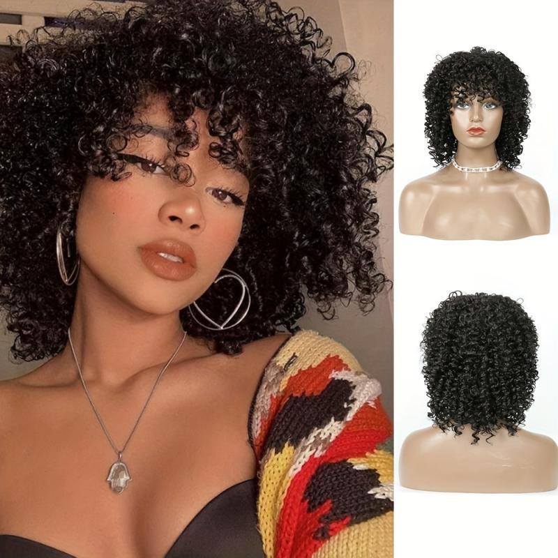 Short Kinky Curly Afro Wig with Bangs Heat Resistant Hair for Women