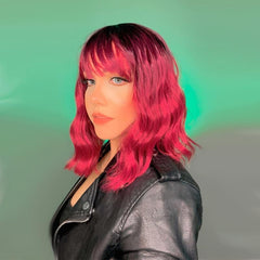 Short Wavy Pink Wig Curly Bob Synthetic Hair Wig with Bangs