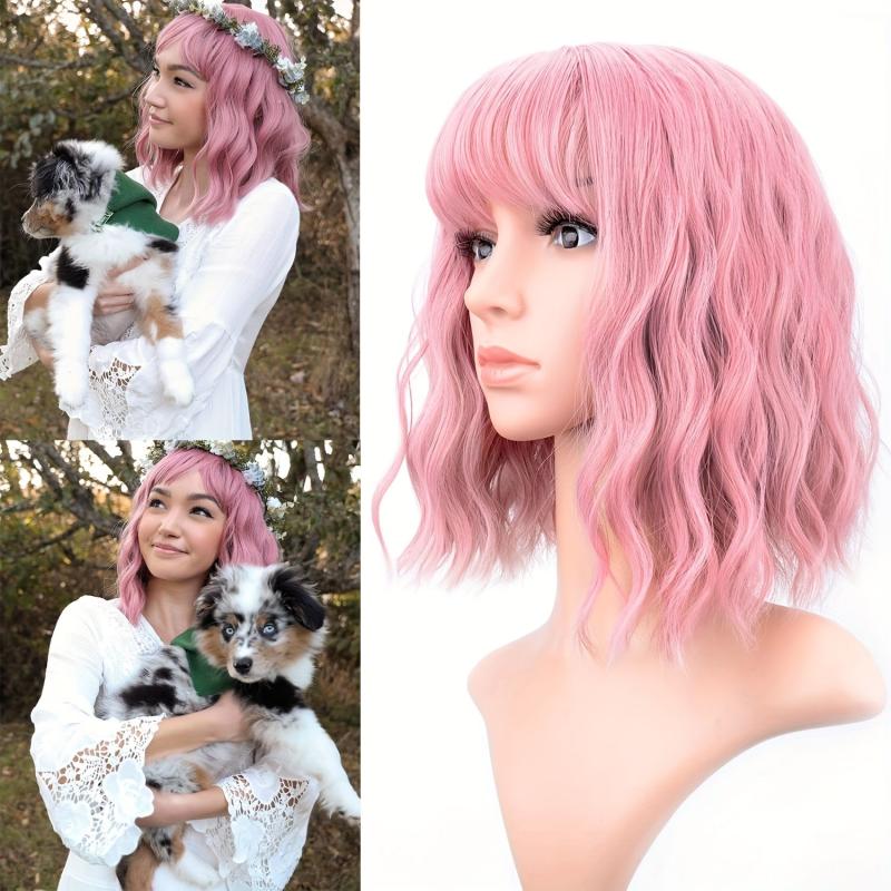 Short Wavy Pink Wig Curly Bob Synthetic Hair Wig with Bangs