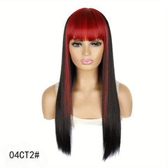 Long Straight Wig Red Bangs Highlight Hair Synthetic Wigs Women