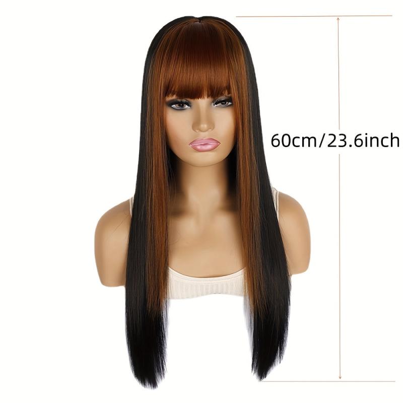 Long Straight Wig Red Bangs Highlight Hair Synthetic Wigs Women