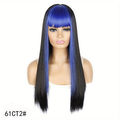 Long Straight Wig Red Bangs Highlight Hair Synthetic Wigs Women
