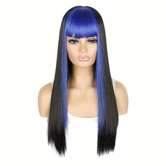 Long Straight Wig Red Bangs Highlight Hair Synthetic Wigs Women