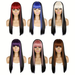 Long Straight Wig Red Bangs Highlight Hair Synthetic Wigs Women