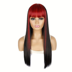 Long Straight Wig Red Bangs Highlight Hair Synthetic Wigs Women