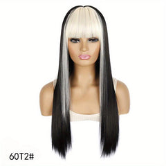 Long Straight Wig Red Bangs Highlight Hair Synthetic Wigs Women
