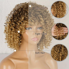 Short Curly Blonde Wig Afro Kinky Curly Wig Synthetic Natural Ombre Brown Blonde