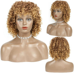 Short Curly Blonde Wig Afro Kinky Curly Wig Synthetic Natural Ombre Brown Blonde