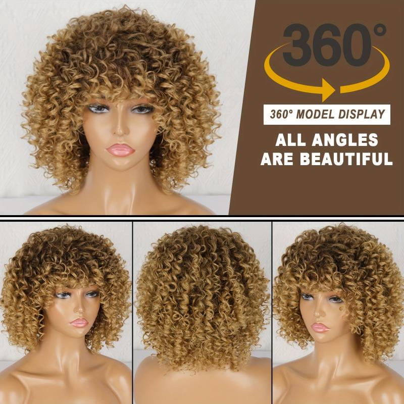 Short Curly Blonde Wig Afro Kinky Curly Wig Synthetic Natural Ombre Brown Blonde