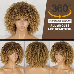 Short Curly Blonde Wig Afro Kinky Curly Wig Synthetic Natural Ombre Brown Blonde