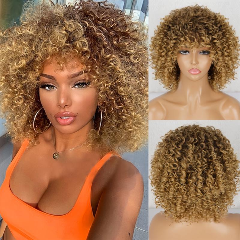 Short Curly Blonde Wig Afro Kinky Curly Wig Synthetic Natural Ombre Brown Blonde