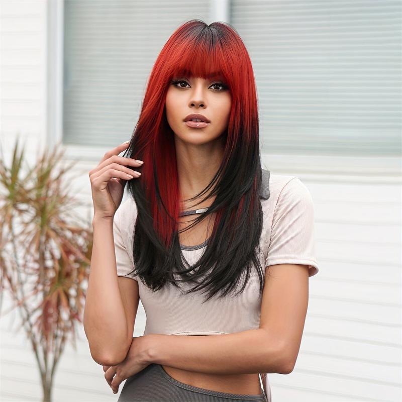 Punk Style Red Swirls Straight Hair Long Synthetic Wig