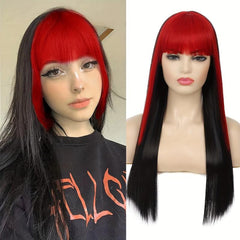 Pink Long Straight Wig with Bangs for Women