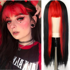 Pink Long Straight Wig with Bangs for Women