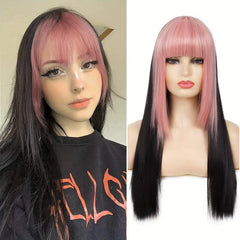 Pink Long Straight Wig with Bangs for Women