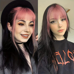 Pink Long Straight Wig with Bangs for Women