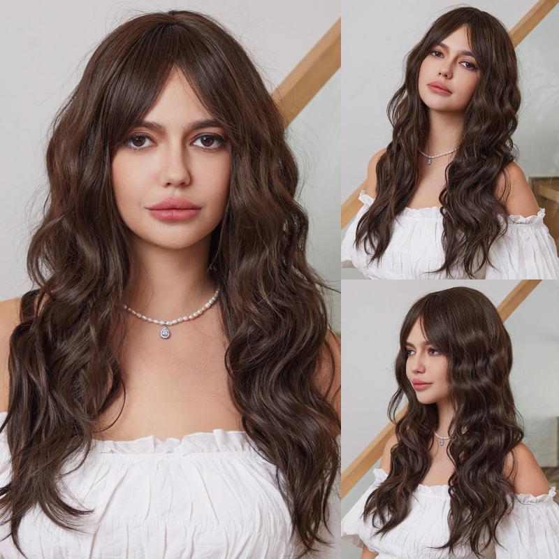 Long Brown Curly Synthetic Wig for Women with Bangs
