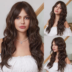 Long Brown Curly Synthetic Wig for Women with Bangs