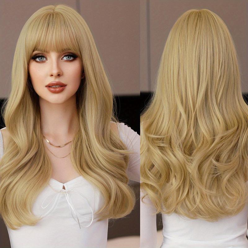 Long Wavy Blonde Wig With Bangs Natural Synthetic Body Wavy Wigs With Bangs