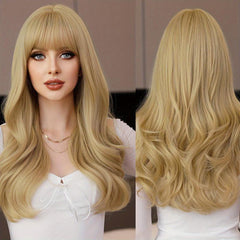 Long Wavy Blonde Wig With Bangs Natural Synthetic Body Wavy Wigs With Bangs