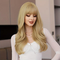 Long Wavy Blonde Wig With Bangs Natural Synthetic Body Wavy Wigs With Bangs