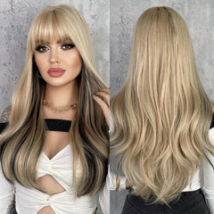 Long Wavy Blonde Wig With Bangs Natural Synthetic Body Wavy Wigs With Bangs