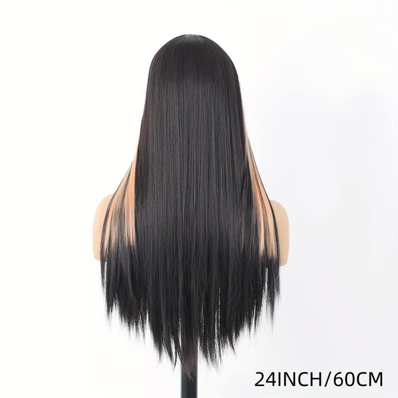 Orange Long Straight Wig With Bangs Highlights Wig For Girls Split Costume