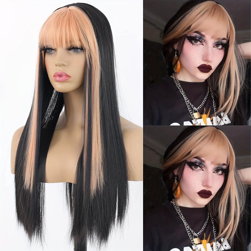 Orange Long Straight Wig With Bangs Highlights Wig For Girls Split Costume