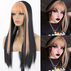 Orange Long Straight Wig With Bangs Highlights Wig For Girls Split Costume