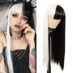Orange Long Straight Wig With Bangs Highlights Wig For Girls Split Costume