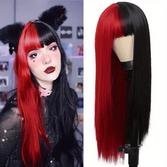 Orange Long Straight Wig With Bangs Highlights Wig For Girls Split Costume