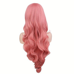 Pink Long Curly Wavy Wig With Bangs for Women Girls Heat Resistant Synthetic