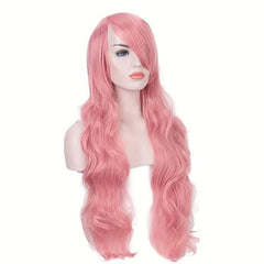 Pink Long Curly Wavy Wig With Bangs for Women Girls Heat Resistant Synthetic