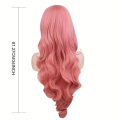 Pink Long Curly Wavy Wig With Bangs for Women Girls Heat Resistant Synthetic