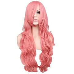 Pink Long Curly Wavy Wig With Bangs for Women Girls Heat Resistant Synthetic