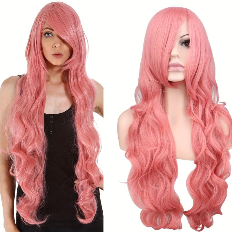 Pink Long Curly Wavy Wig With Bangs for Women Girls Heat Resistant Synthetic