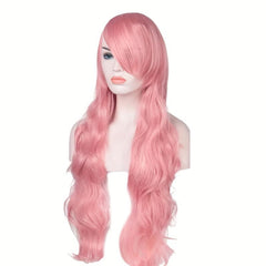 Pink Long Curly Wavy Wig With Bangs for Women Girls Heat Resistant Synthetic