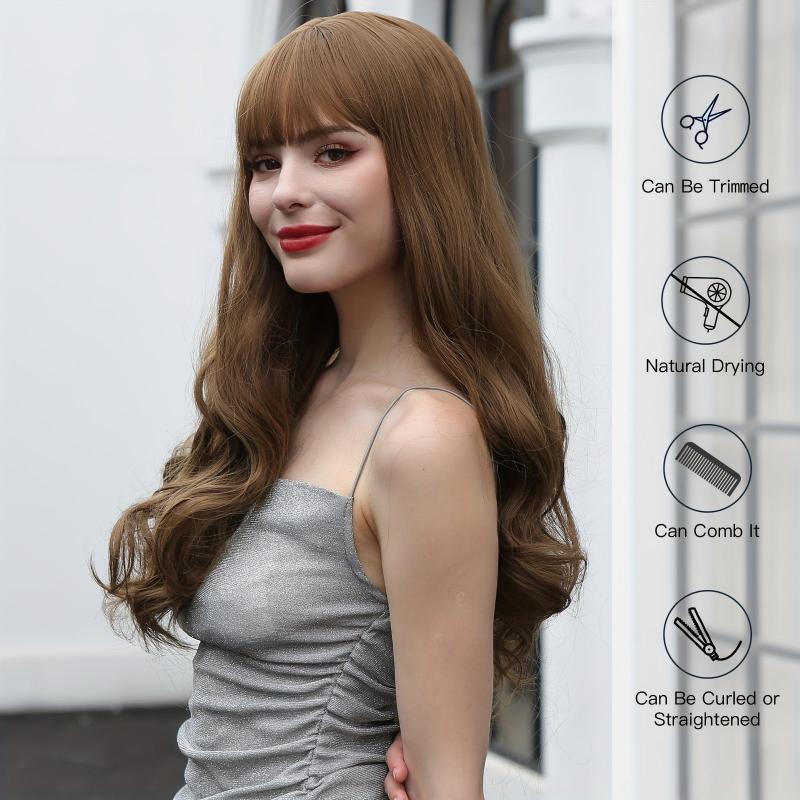 66 04 Cm Dark Brown Curly Wig With Bangs Long Curly Hair Synthetic Wigs